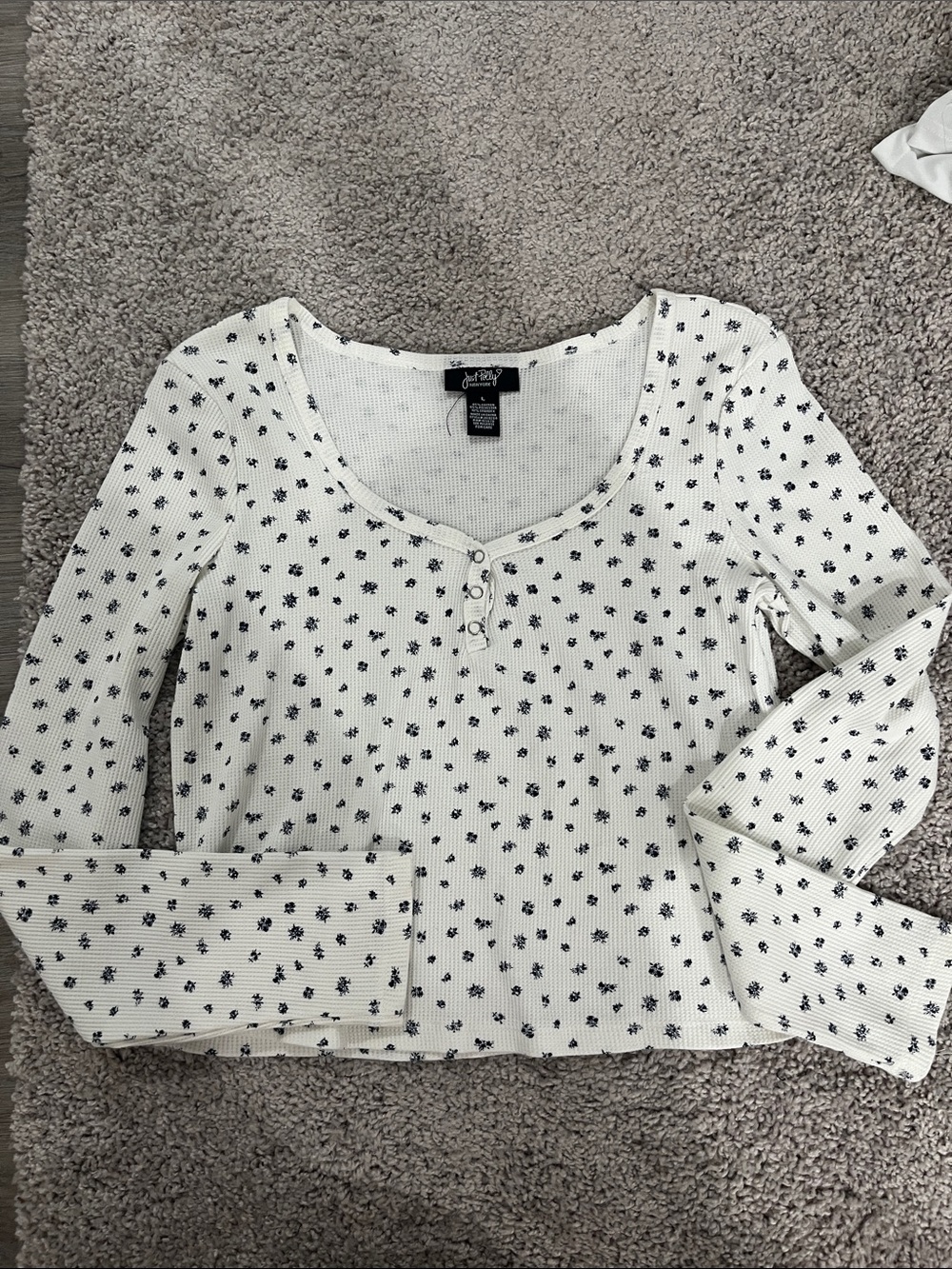 White Ribbed Long-Sleeve Henley with Blue Flowers
